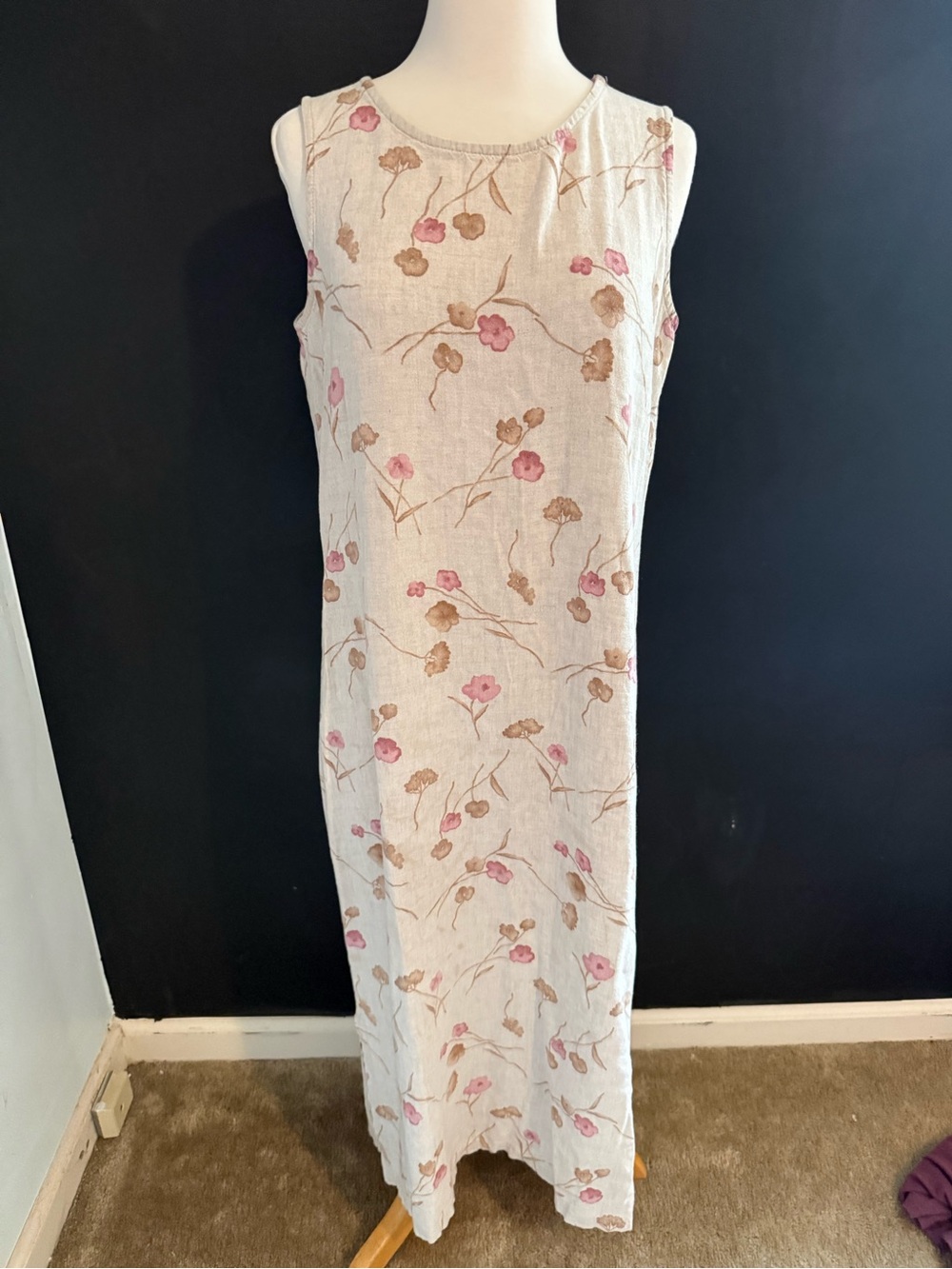 Vintage Floral Maxi Dress in Cream with Pink & Tan Blossoms linen blend s/m